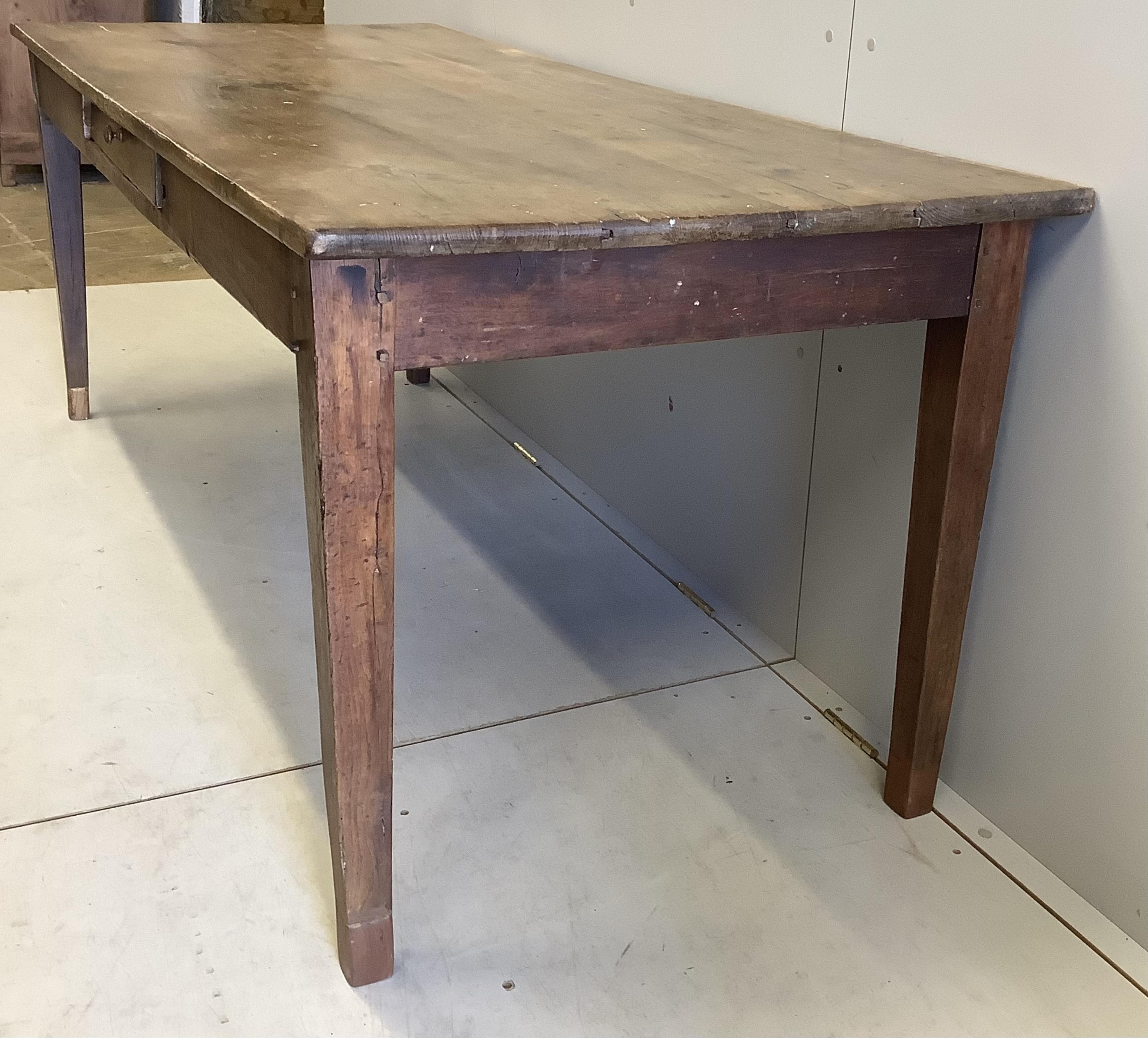 A French farmhouse table with one drawer, width 195cm, depth 84cm, height 77cm